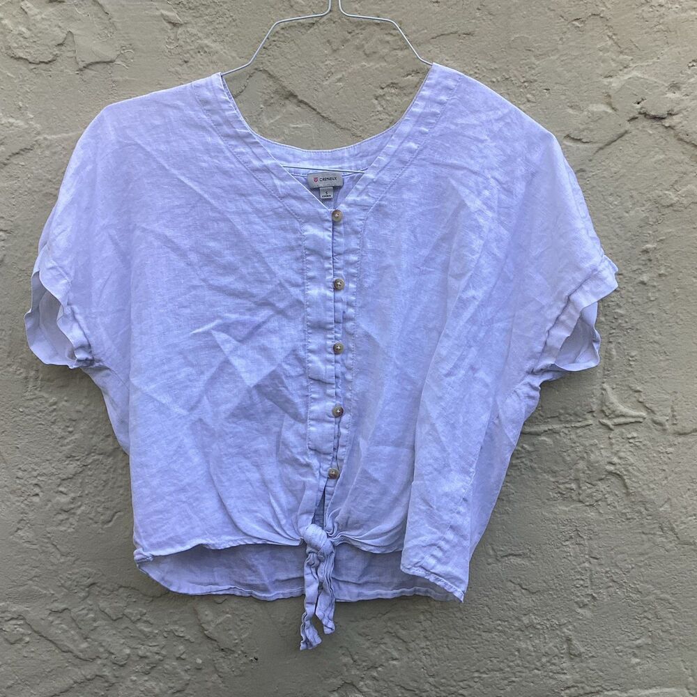 Top linen crop with tie front and loop buttons sz s